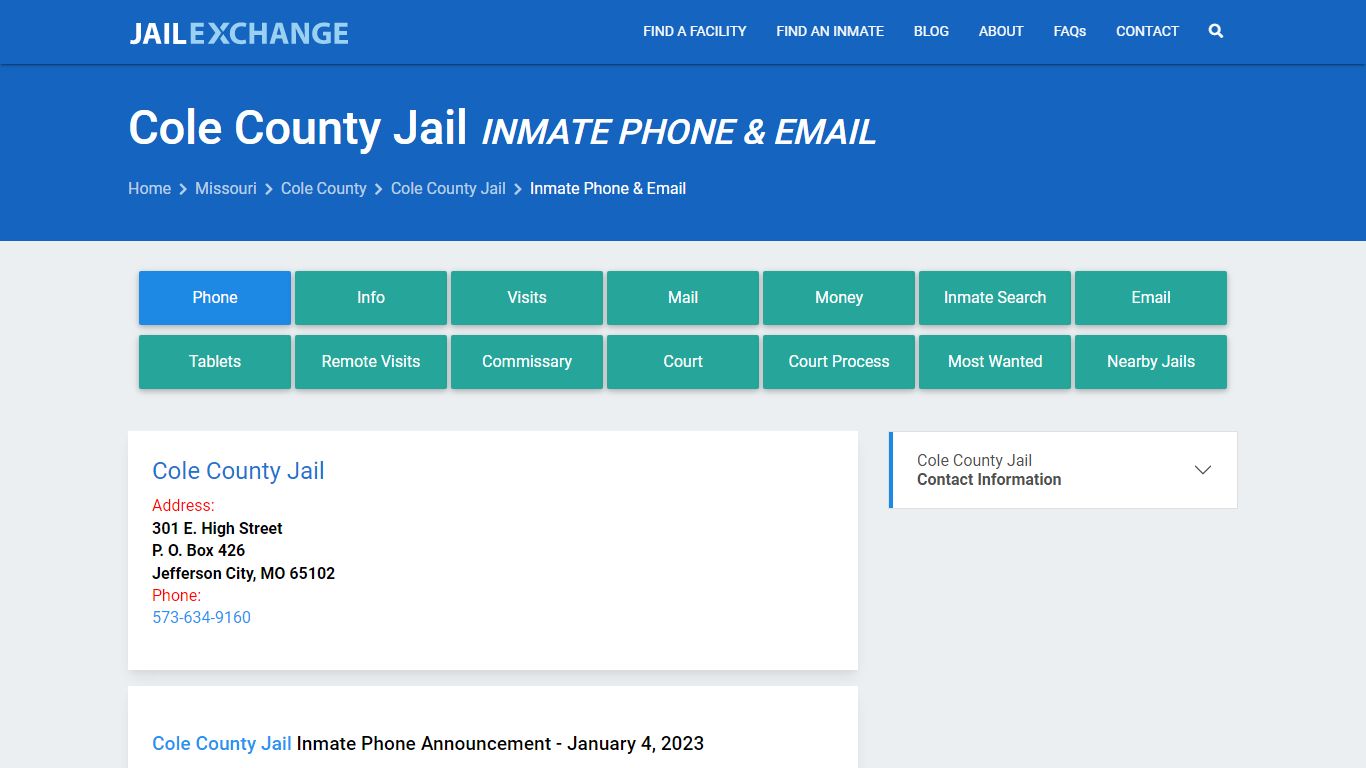 Inmate Phone - Cole County Jail, MO - Jail Exchange